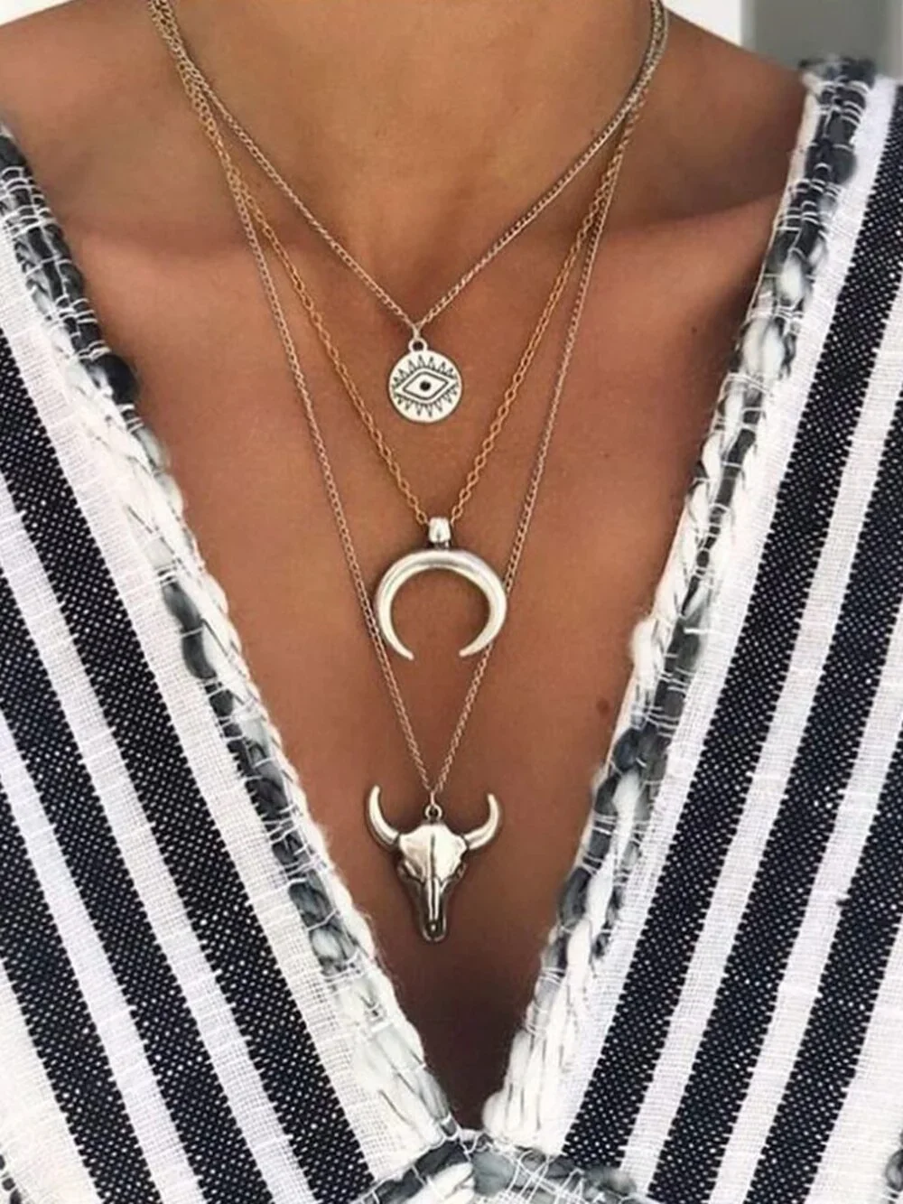 Silver Boho Layered Necklace Western Cowgirl